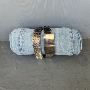 Vintage 90s Scalloped Western Metal Overlay Elastic Hook Closure Belt - Silver L